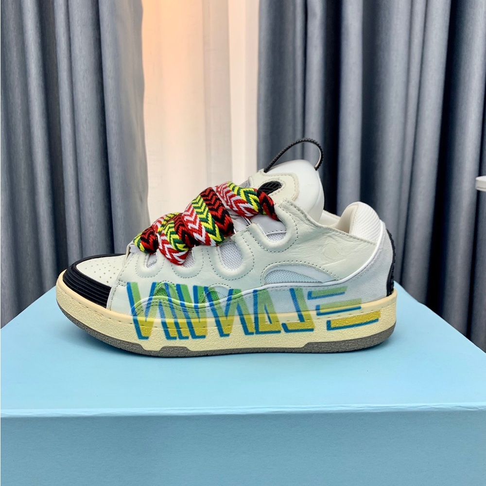 Lanvin Kids White Sneakers with Black Toe and Multicolor Braided Laces - Picture 7 of 9